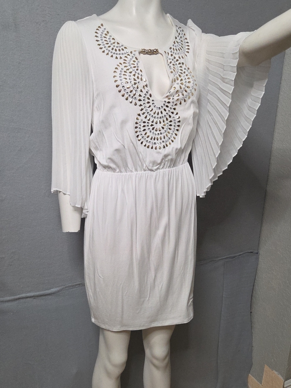 bebe White Pleated Flutter Sleeve Mini Dress with Embellished Neckline